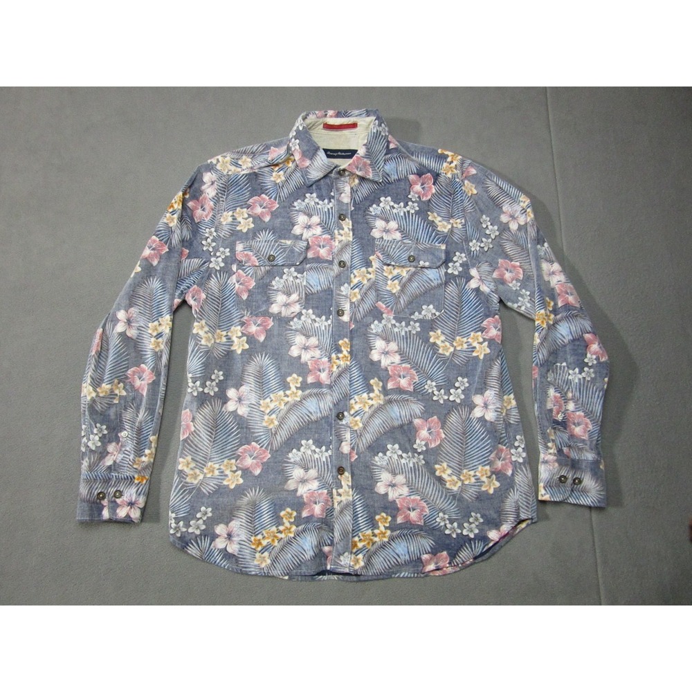 Tommy Bahama Shirt Mens Medium Blue Corduroy Floral Beach Pockets Button Up